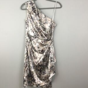 London Style Nights Satin One Shoulder Ruched Floral Dress, 16, Cream/Brown/Gray